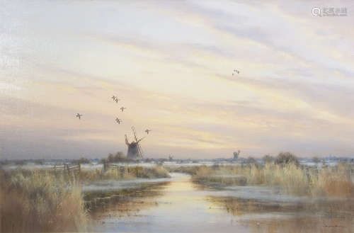 •AR Colin W Burns (born 1944), Winter Broadland scene with three mills, oil on canvas, signed