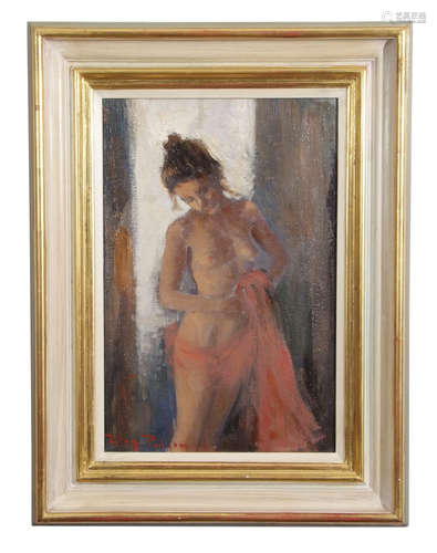 •AR Roy Petley (born 1951), Female nude, oil on board, signed lower left, 44 x 29cm