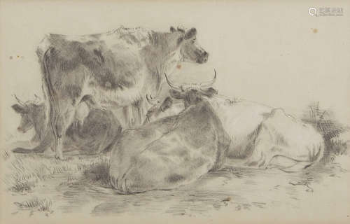 Attributed to Arthur James Stark (1831-1902), Cattle, pencil drawing, 20 x 32cm