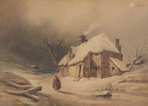 Henry Bright (1810-1873), Figure before a cottage in Winter, watercolour, 29 x 40cm