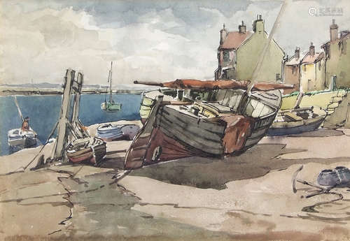 •AR Jack Cox (1914-2007), Fishing boats at Wells, pen ink and watercolour, 24 x 35cm