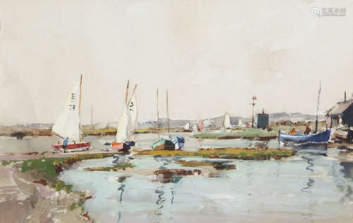 •AR Jack Cox (1914-2007), Fishing boats in North Norfolk estuary, mixed media, 18 x 27cm