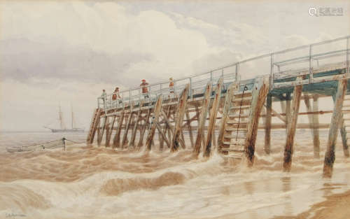 Charles Harmony Harrison (1842-1902), Figures on a jetty, watercolour, signed lower left, 29 x 46cm.