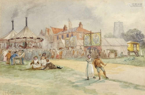 Charles Harmony Harrison (1842-1902), Fairground before the Lion Pub, watercolour, signed lower