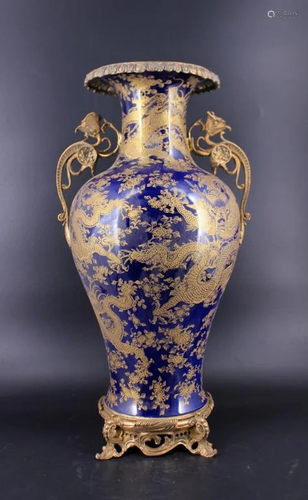 Qing Porcelain Blue Gold Dragon Vase with Bronz…