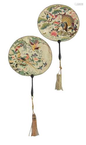 A Chinese pair of Souchao embroidered double sided fans