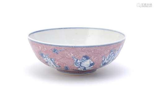 A Chinese blue and white puce enamelled bowl