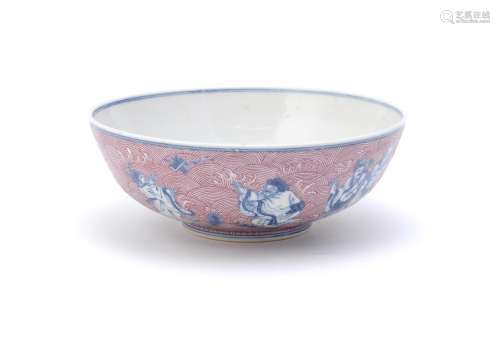 A Chinese blue and white puce enamelled bowl