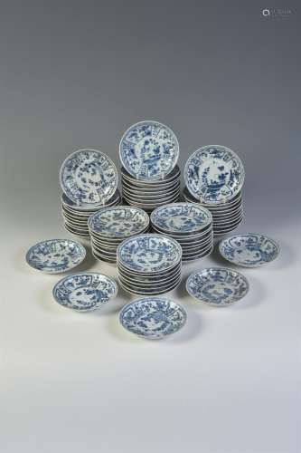 Sixty-nine Ca Mau 'bird and insect' pattern blue and white saucers