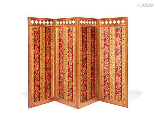 An early Victorian satinwood and parcel giltwood four fold room screen