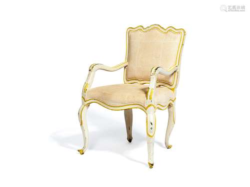 A French white and yellow painted armchair in Louis XV style