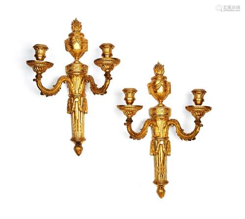 A pair of fine Louis XVI gilt bronze twin light wall appliques to the design by Jean-Louis Prieur (1