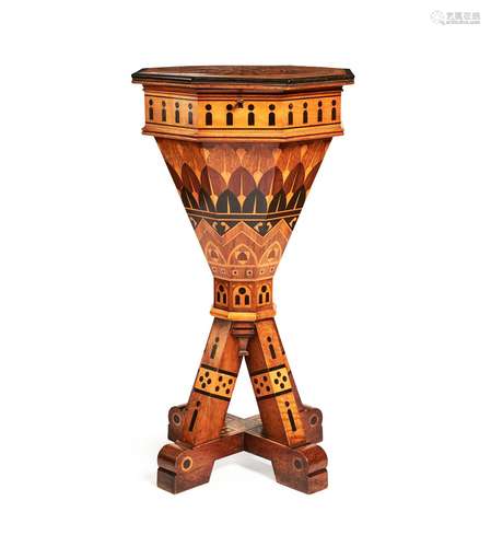 Y A Fine Reformed Gothic walnut and specimen parquetry inlaid trumpet work table