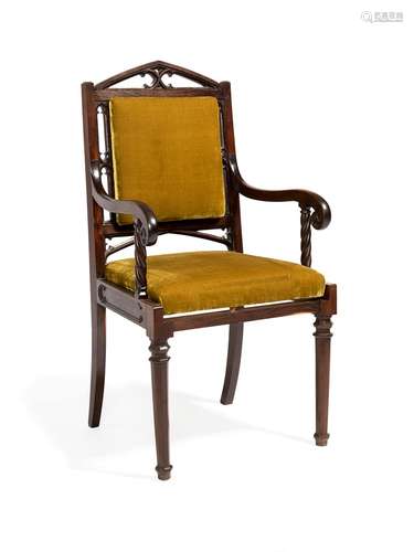 A George IV laburnum and velvet upholstered armchair in Gothic taste