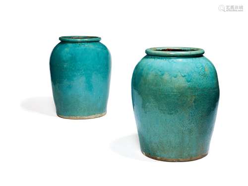 A pair of oversized turquoise glazed stoneware vases