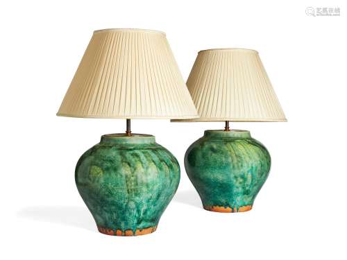 A pair of turquoise glazed terracotta vases fitted as table lamps