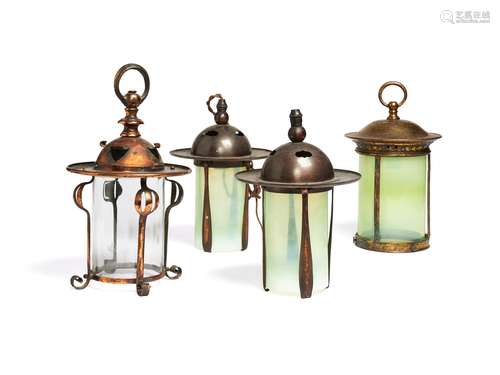 Four various Arts and Crafts copper and glazed hanging lanterns