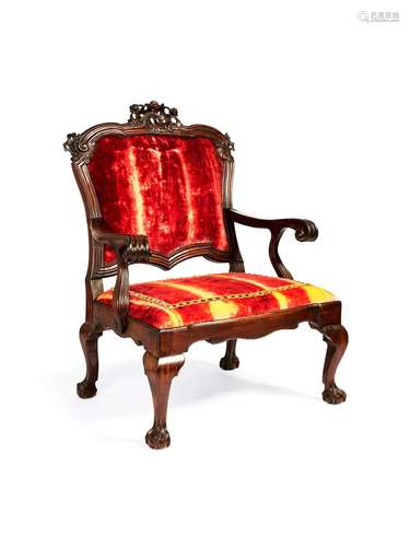 A Portuguese hardwood and red velvet upholstered armchair