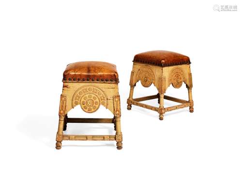 A pair of Aesthetic Movement grey painted and parcel giltwood stools