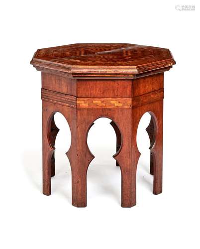 A Moorish walnut and parquetry occasional table