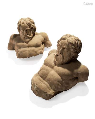 Two Northern European sandstone busts or terms of mythical giants