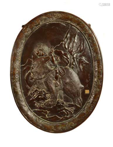 A Large oval Japanese Bronze Plaque