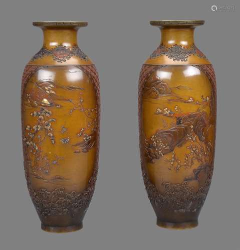 MIYABE ATSUYOSHI: A Fine Pair of Japanese Bronze Vases