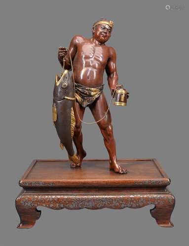 Miya-O Eisuke: A Large Parcel Gilt Bronze Figure of a Fisherman