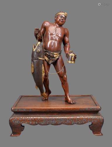 Miya-O Eisuke: A Large Parcel Gilt Bronze Figure of a Fisherman