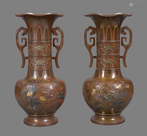 A Pair of Japanese Inlaid Bronze Vases