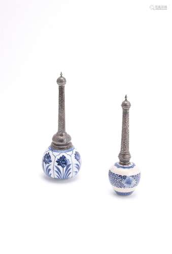 Two Chinese Islamic market blue and white rosewater sprinklers