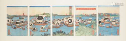 Utagawa Sadahide (1807-1873): An unusual woodblock printed pentaptych in inks on paper depicting the