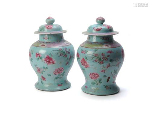 A pair of Chinese turquoise-ground Famille Rose vases