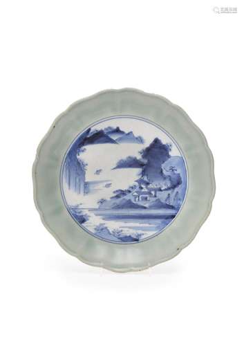 A Japanese Arita blue and white and celadon Dish