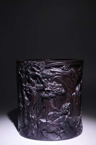 A Chinese Rosewood Figure-Story Brush Pot