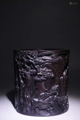 A Chinese Rosewood Figure-Story Brush Pot