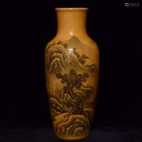 A Chinese Porcelain Yellow Glazed Ink-Colored Landscape Vase