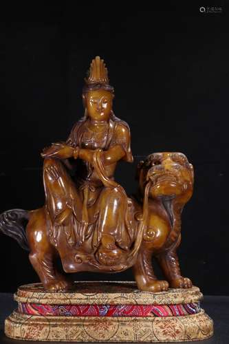 A Chinese Tianhuang Stone Guanyin&Beast Ornament