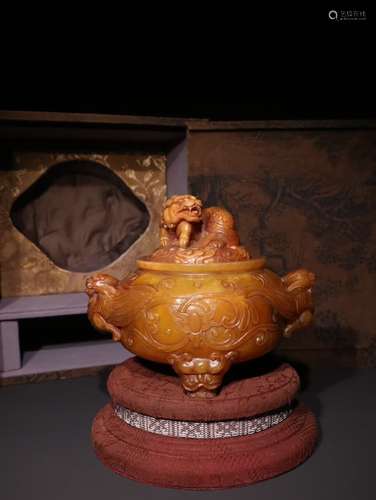 A Chinese Tianhuang Stone Beast Tripod Censer