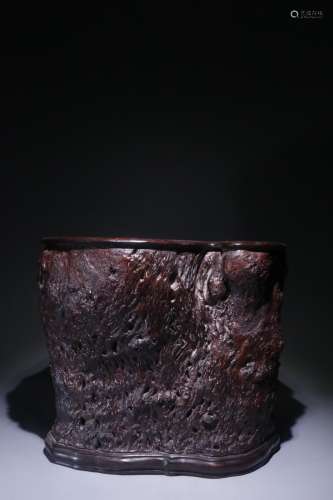 A Chinese Burl Brush Pot Embeded Rosewood
