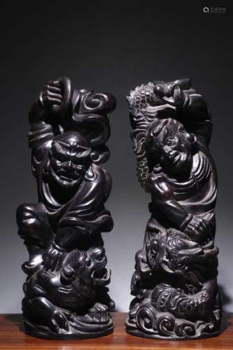 Pair Of Chinese Rosewood Arhat Shaped Ornaments