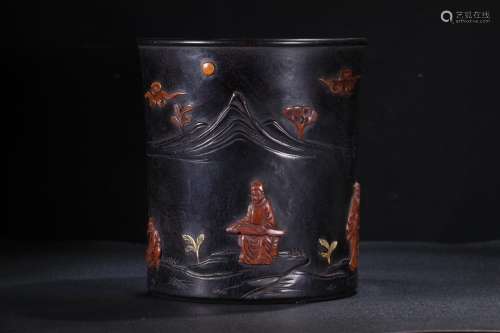 A Chinese Rosewood Figure-Story Brush Pot