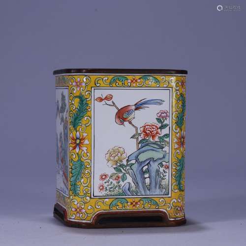 A Chinese Bronze Enameled Bird&Floral Brush Pot