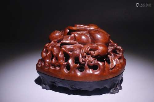 A Chinese Yellow Pear Wood Censer With Rosewood Base