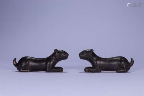 Pair Of Chinese Bronze Ware Tiger Ornaments Embeded Silver