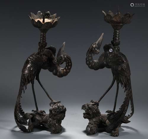 Pair Of Chinese Bronze Candle Holders