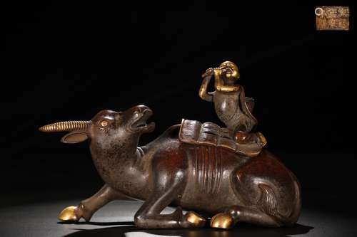 A Chinese Bronze Bull&Figure Censer Ornament With Partly Gilding