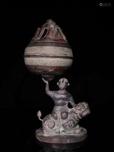 A Chinese Bronze Ware Figure&Beast Censer Ornament