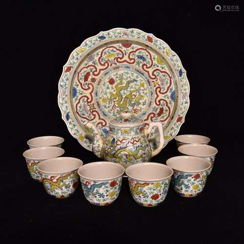 Set Of Chinese Porcelain Doucai Dragon Cups&Plate&Pot