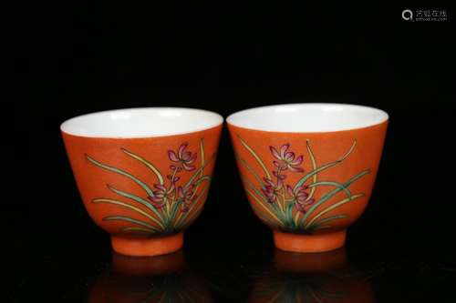 Pair Of Chinese Porcelain Famille Rose Floral Cups